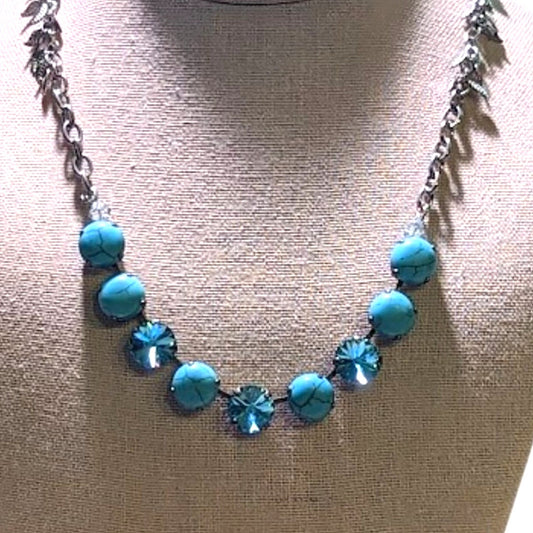 Turquoise Color Howlite with Aqua Crystals on Silver Tone Necklace
