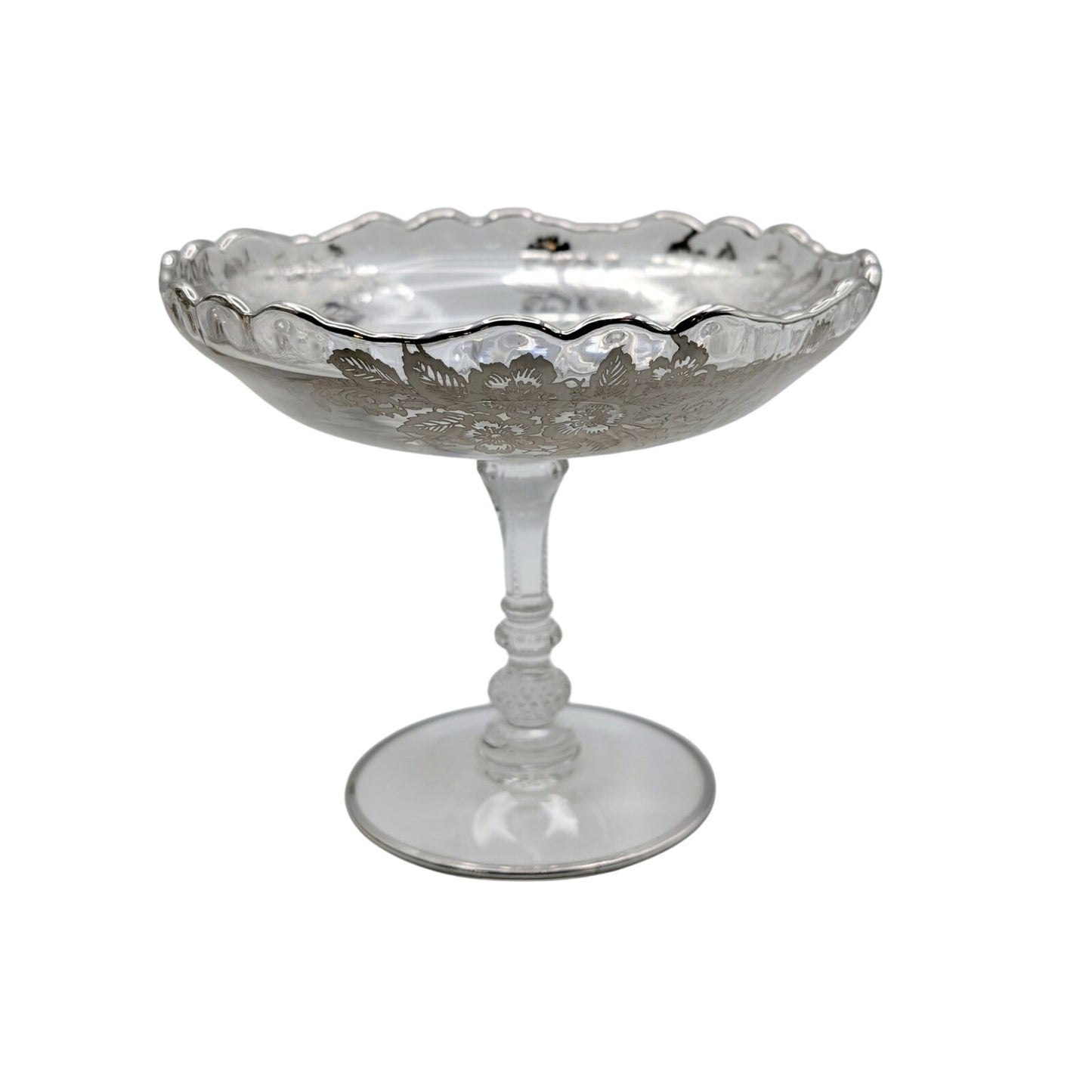 Vintage Clear Glass Compote W/ Silver Overlay Floral Design