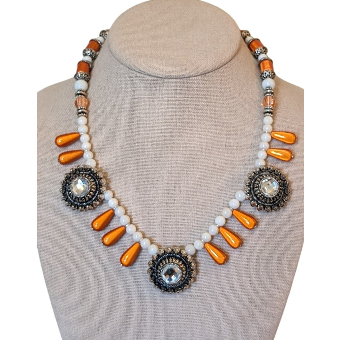 Orange Teardrop Dangle White Glass Rhinestone Bali Inspired 18.5" Necklace