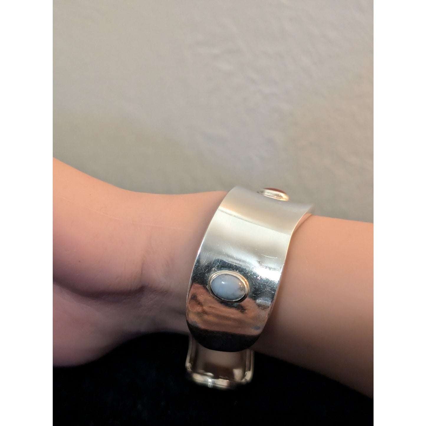 Multi-Stone Cabochon Curved Cuff Modernist Sterling Silver Mexico Bracelet