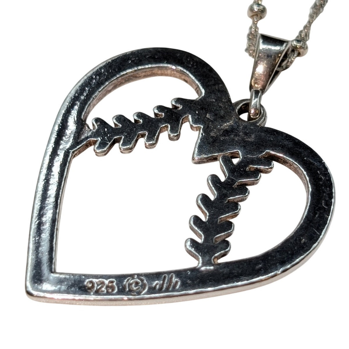 Large 925 Sterling Silver Red Enamel 'Baseball Heart' Pendant Chain Necklace