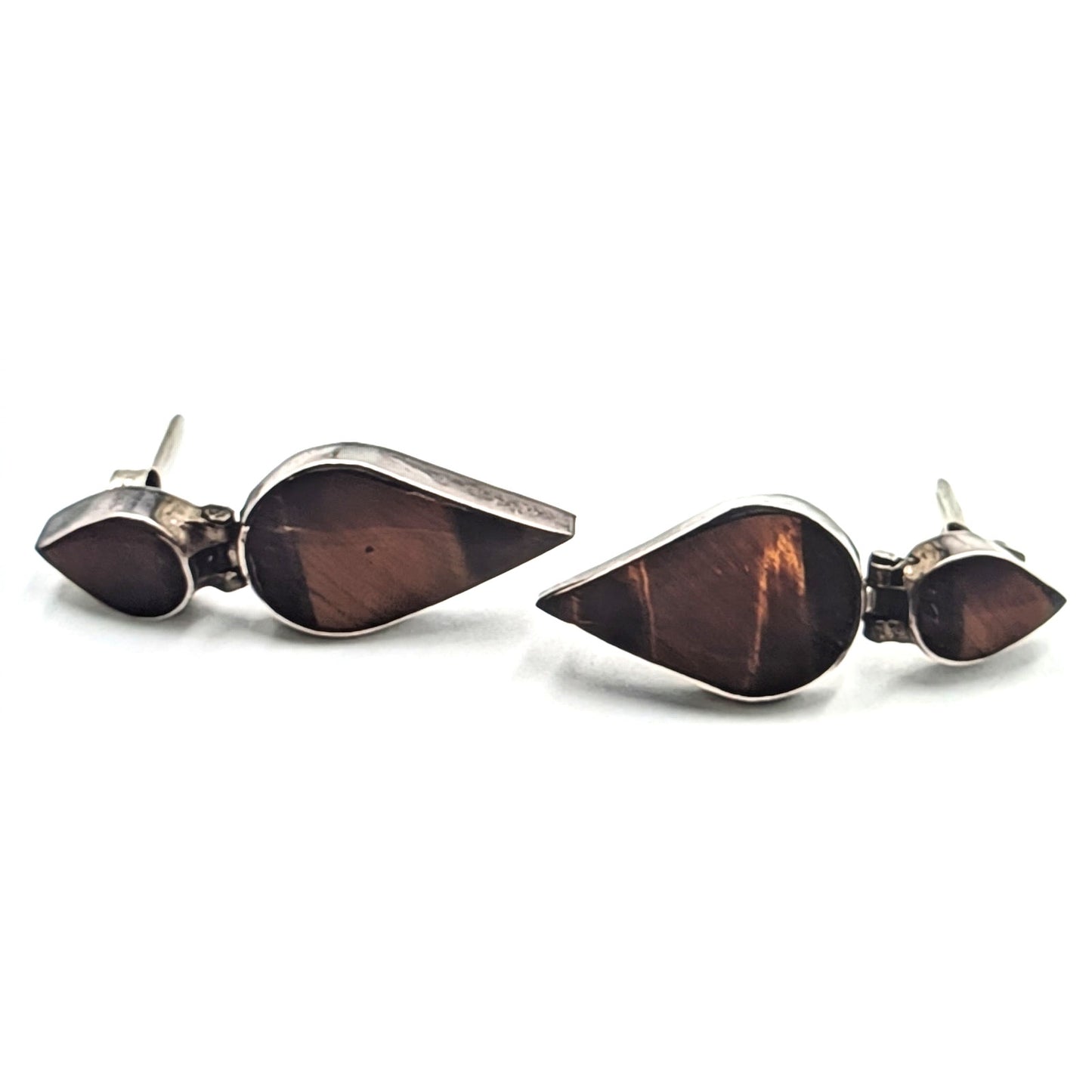 Vintage 925 Sterling Silver Marked Chile Tiger's Eye Hinged Dangle Post Earrings