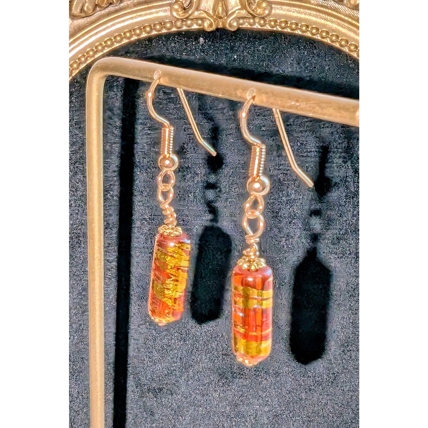 Orange Amber Gold Art Glass Dangle Earrings