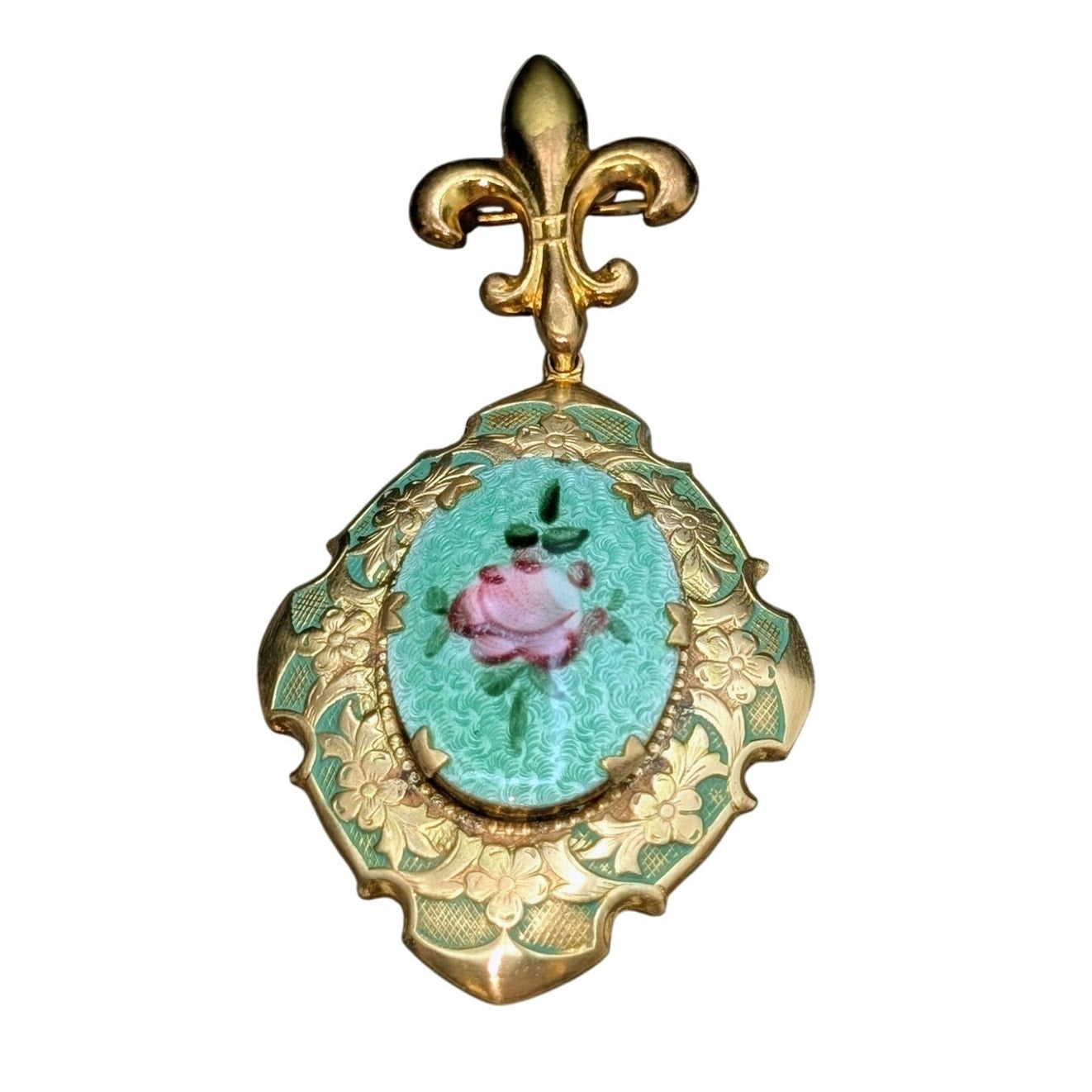 Vtg 1930s Guilloche Enamel Work Rose Design Fleur de Lis Locket Hanging Brooch