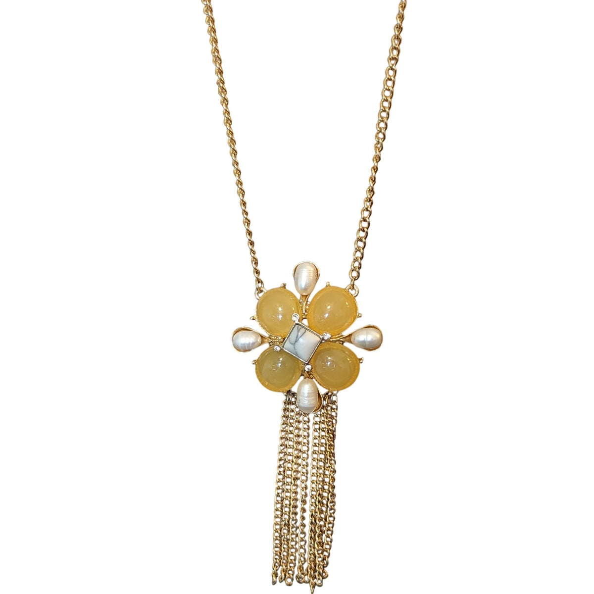 Yellow Gumdrop Pearl Gold Tone Tassel Statement Necklace