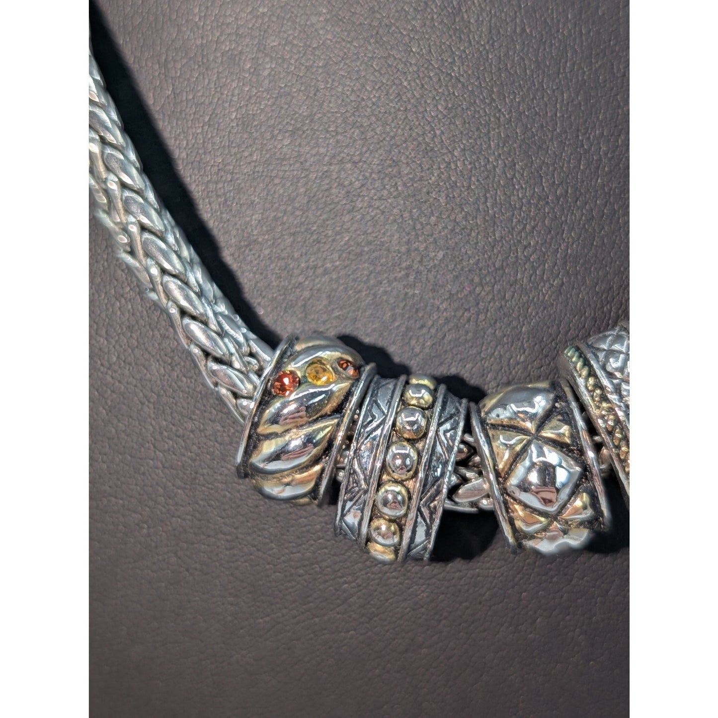 Chico's Silver Tone Triple Braided Chain Multi-Texture Rondelle Bead Necklace