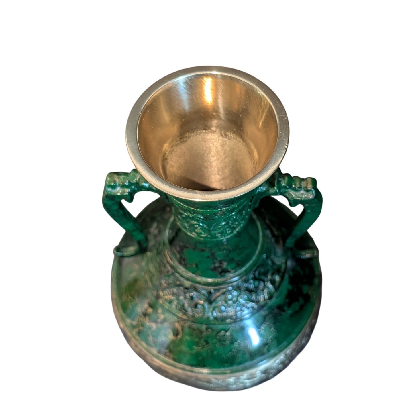 Vtg Japanese Embossed Shishi Brass Green Cast Metal Flower Vase