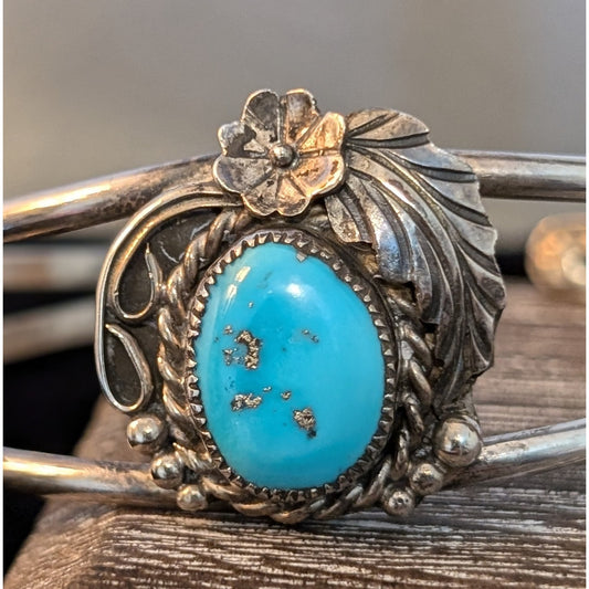 Vintage Signed SM Native Turquoise Rose Leaf Split Band Sterling Cuff Bracelet