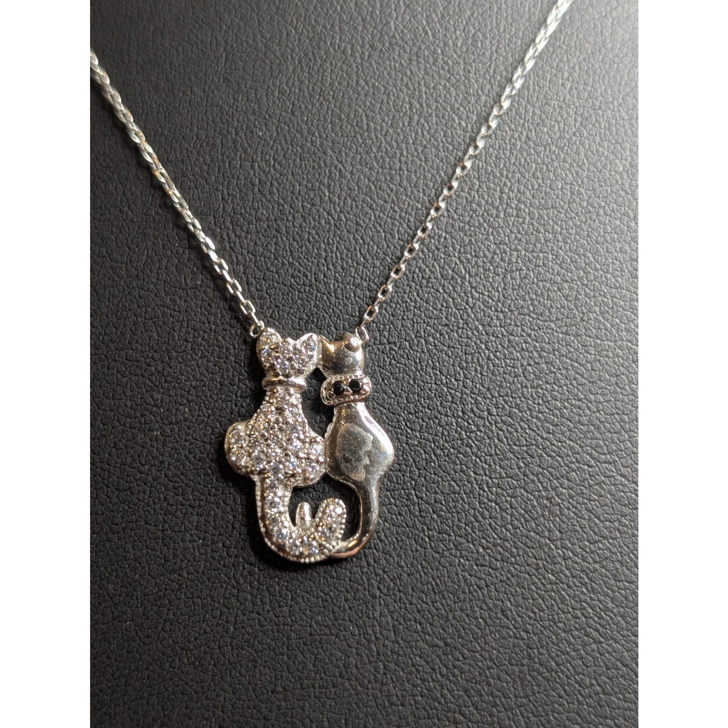 Dainty Twin Cats 925 Sterling Silver Crystal Pendant Chain 16"-18" Necklace