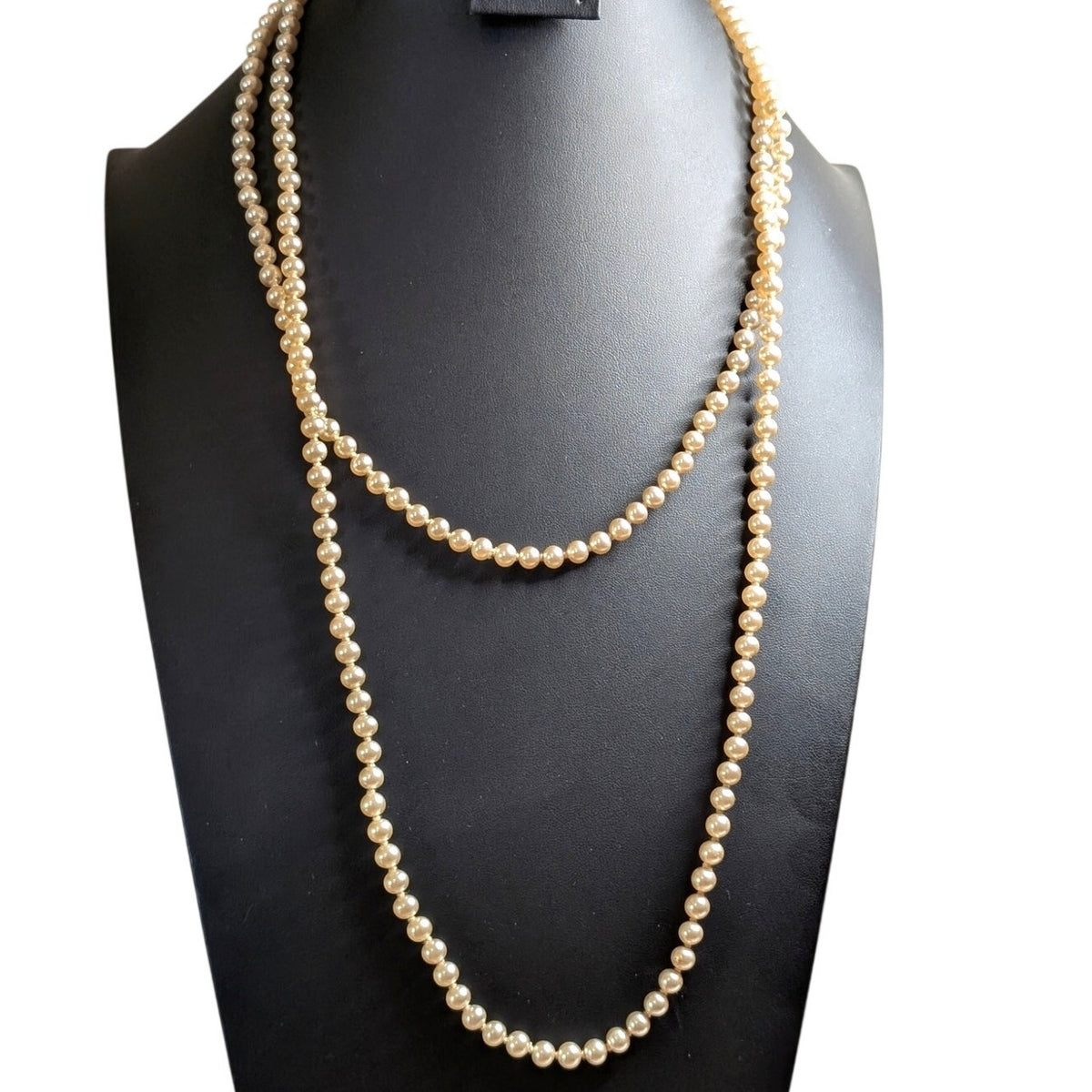 Vintage Faux Champagne Hand-Knotted 6mm Glass Pearl 32" Long Strand Necklace
