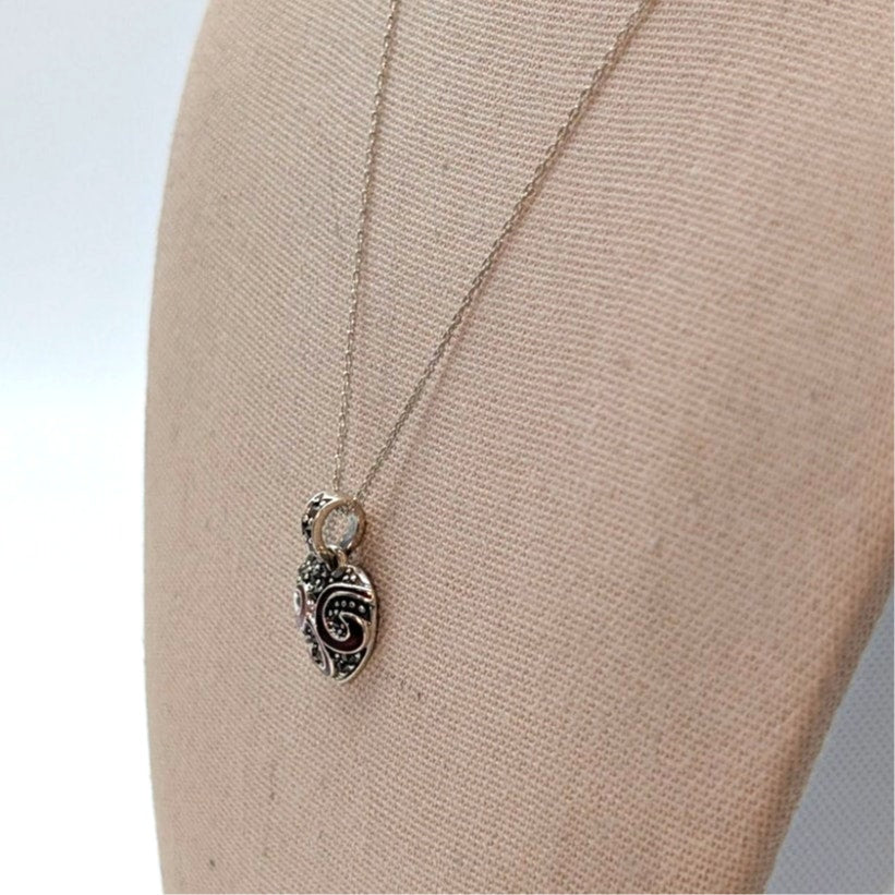 925 Sterling Silver Red Enamel Swirl Marcasite Heart Pendant Necklace