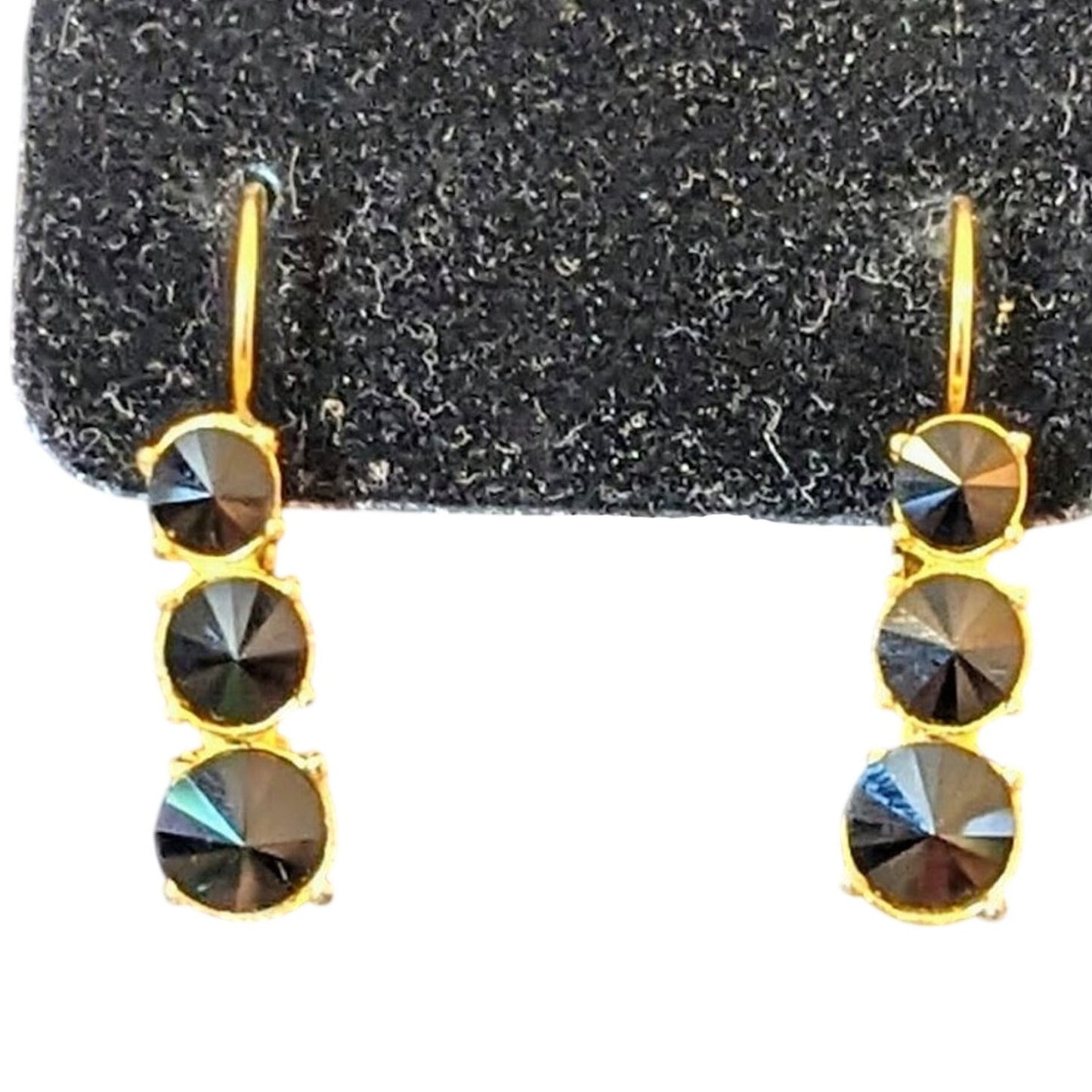 Three Upside Down Graduated Pointed Black Crystal Lever Back Earrings