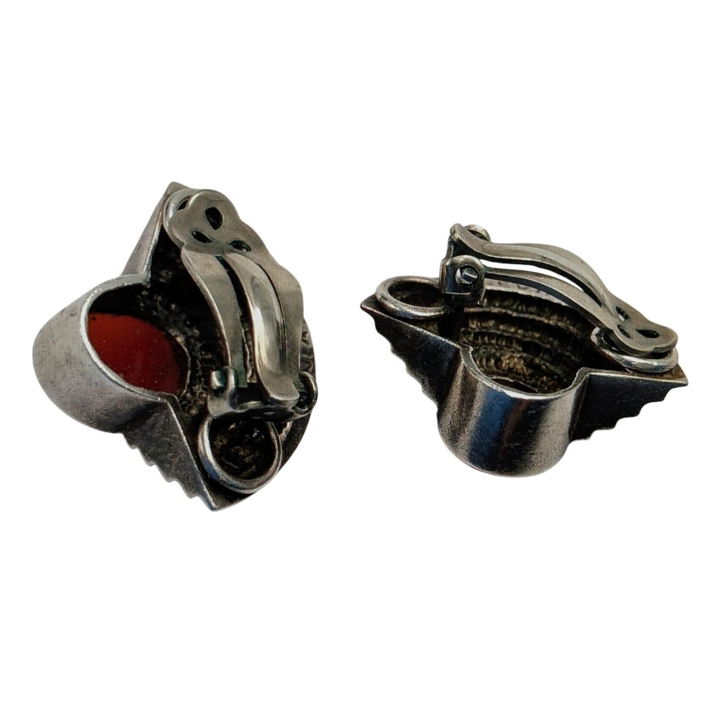 Vintage 80s Signed Nelson Levine Art Deco Style Carnelian Sterling Clip Earrings