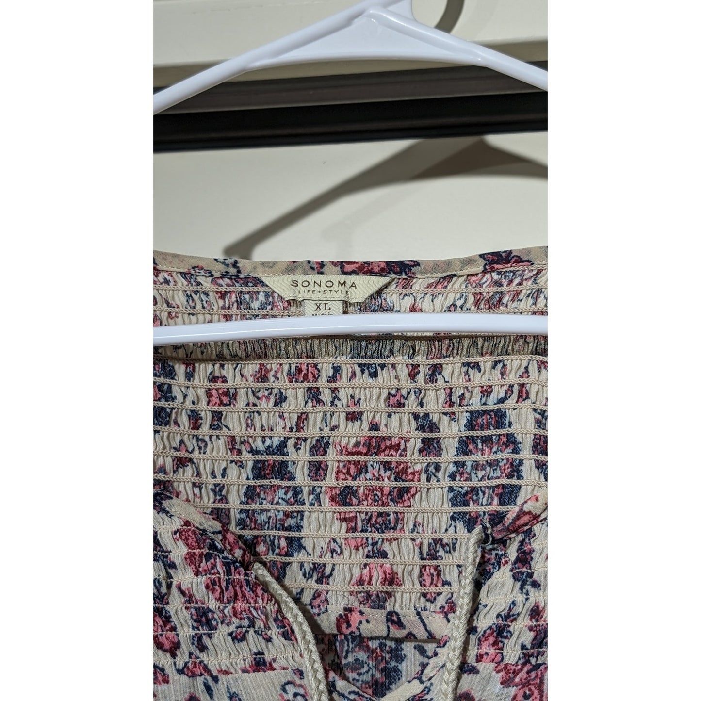 Sonoma Smock Tie Front 3/4 Elastic Sleeve Navy Pink Cream Floral Top Women Sz XL