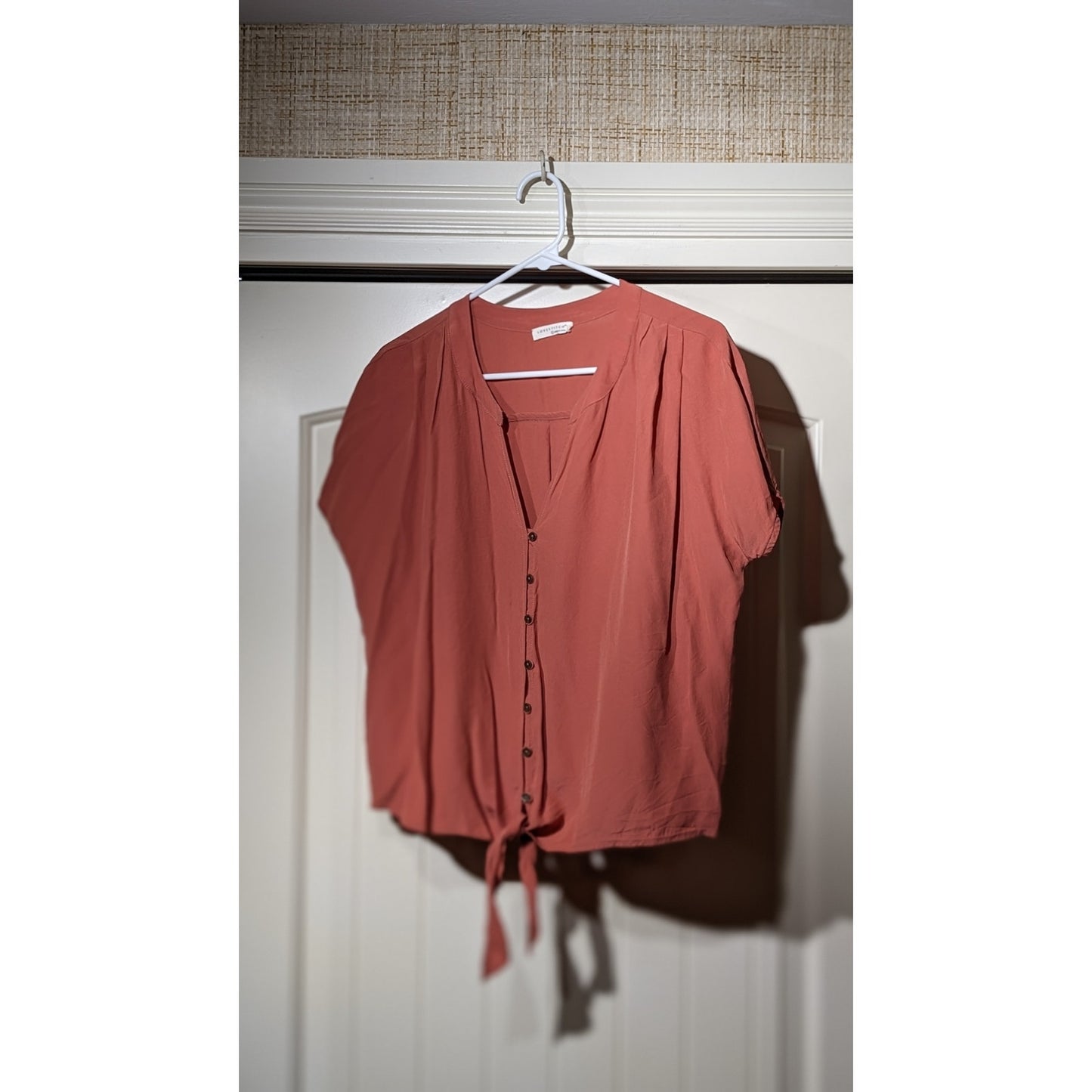 Lovestitch Brick V-Neck Button Up Tie Front Short Sleeve Blouse Womens Sz L