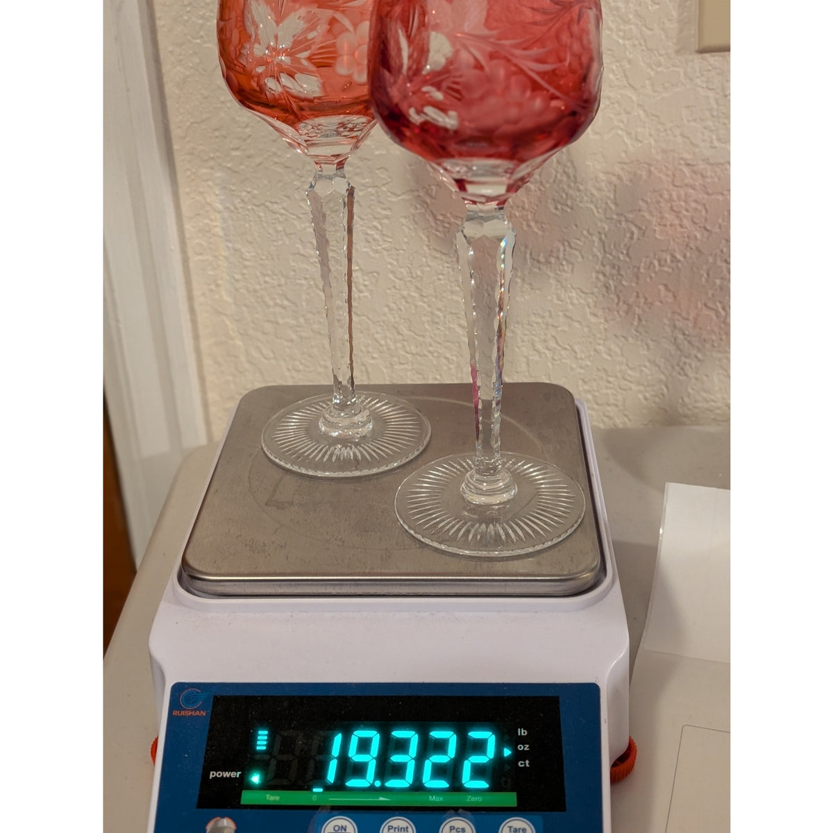 Vtg Two Czech Bohemian Red Cut to Clear Crystal Grapes Design Wine Stem Goblets