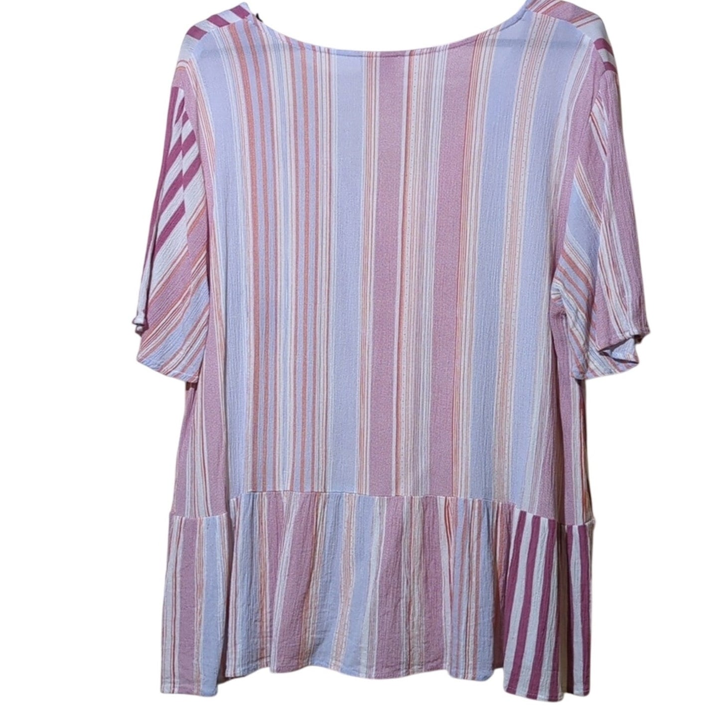 Hayden Los Angeles Peplum Pleated Hem Gauzy Pink Striped V Neck Top Sz. 1XL