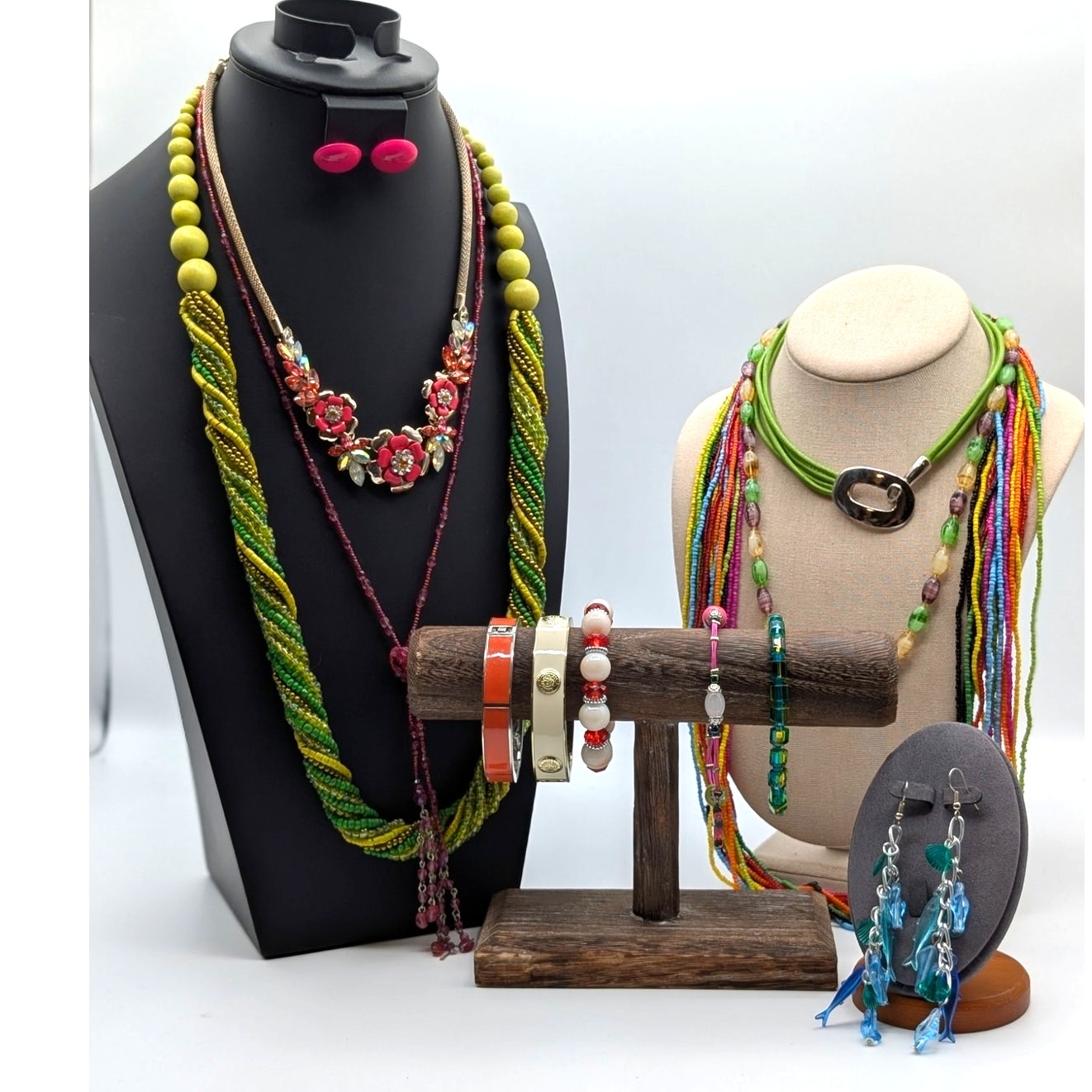 Mixed Lot of 13 Colorful Jewelry Pieces -- 6 Necklaces 2 Pr Earrings 5 Bracelets