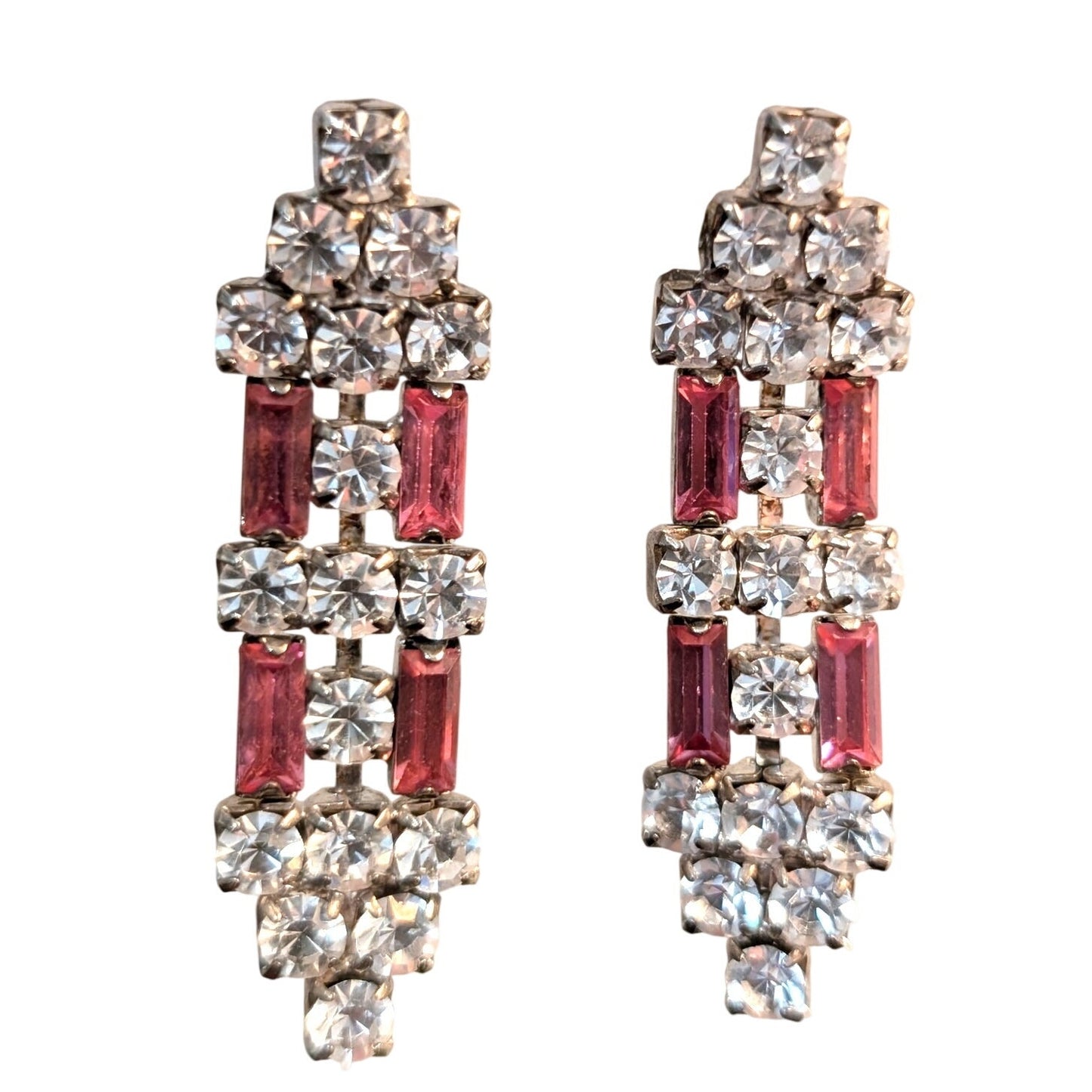 Vtg 50s Art Deco Inspired Pink Baguette & Clear Round Rhinestone Drop Earrings