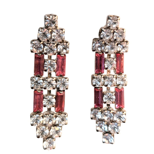 Vtg 50s Art Deco Inspired Pink Baguette & Clear Round Rhinestone Drop Earrings