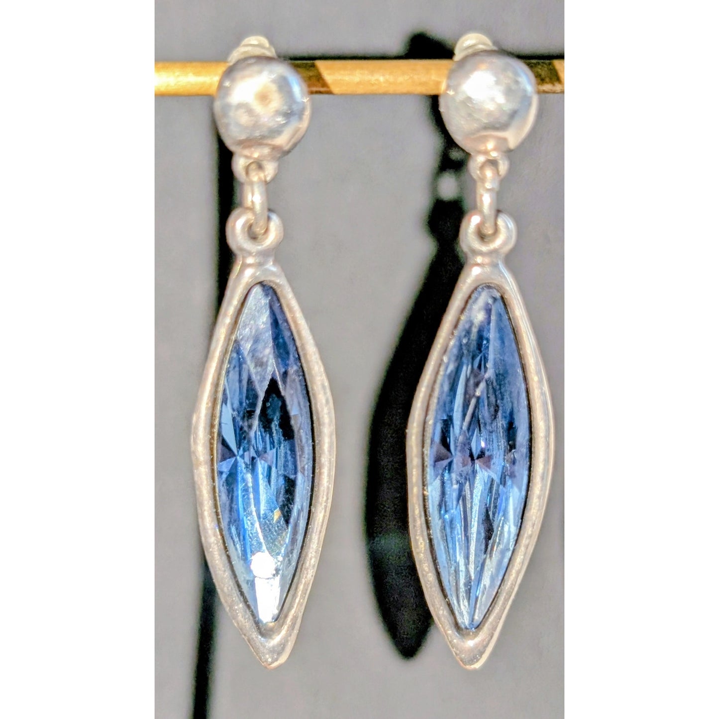 Uno de 50 Blue Swarovski Marquis Crystal Dangle Earrings (One Crystal Chipped)