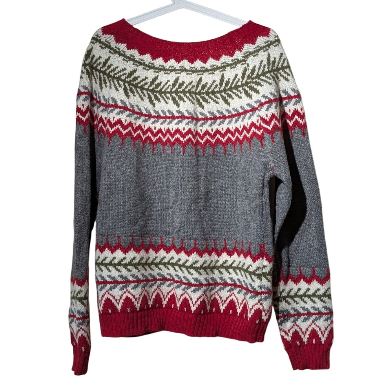 Islandic Fair Isle Gray Red Green Cream Faux Pearl Button Cardigan Womens Sz M