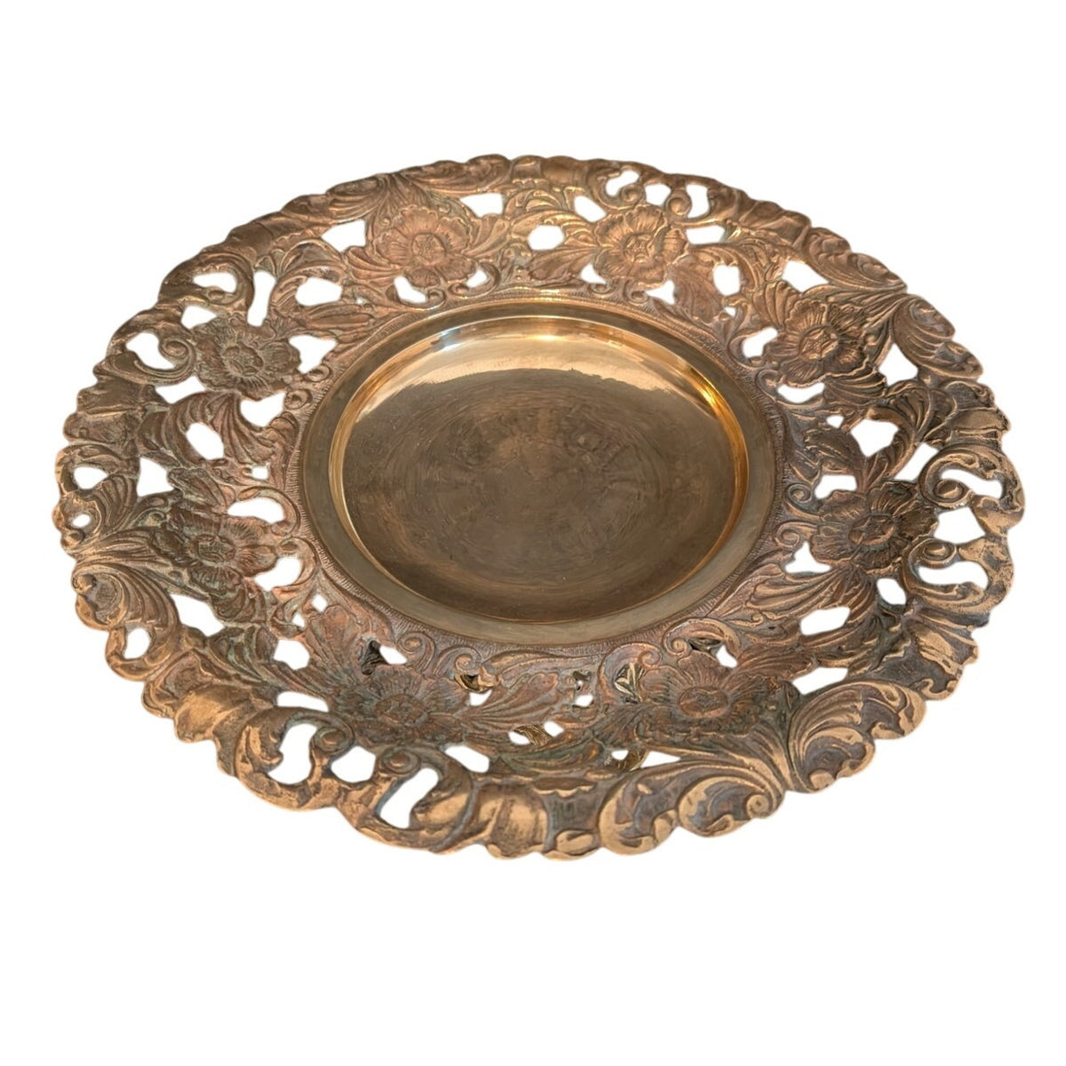 Vintage Brass Ornate Cut Out Floral Pedestal Bowl Compote