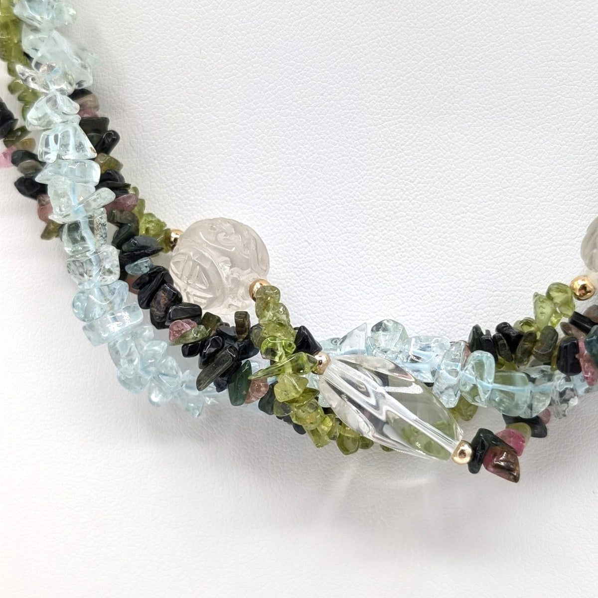 Torsade Strands Topaz Chip & Carved Peridot & Multi Gem Gold Tone Clasp Necklace