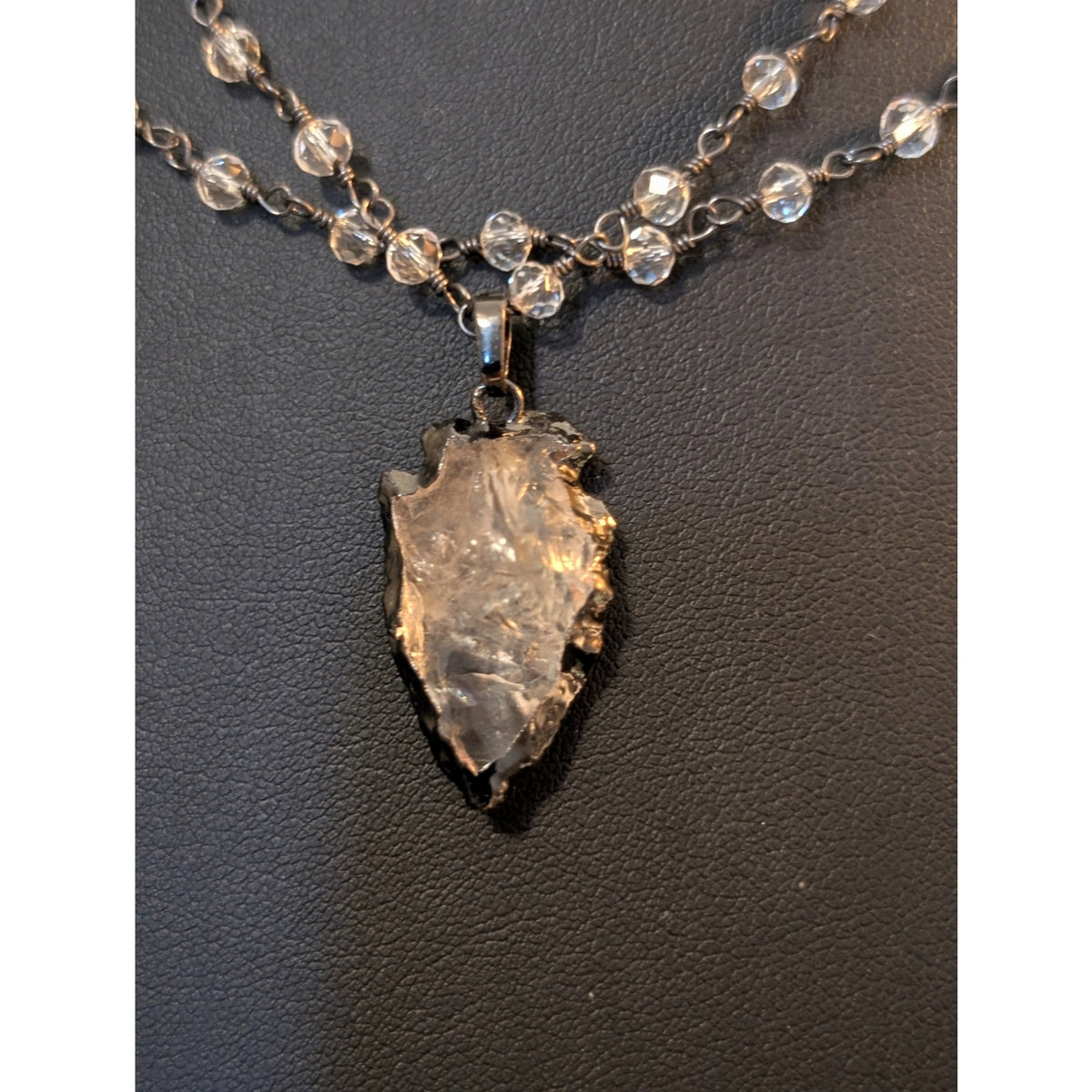 Two Strand Crystal Chain W/ Clear Quartz Arrowhead Pendant 16.5" Necklace