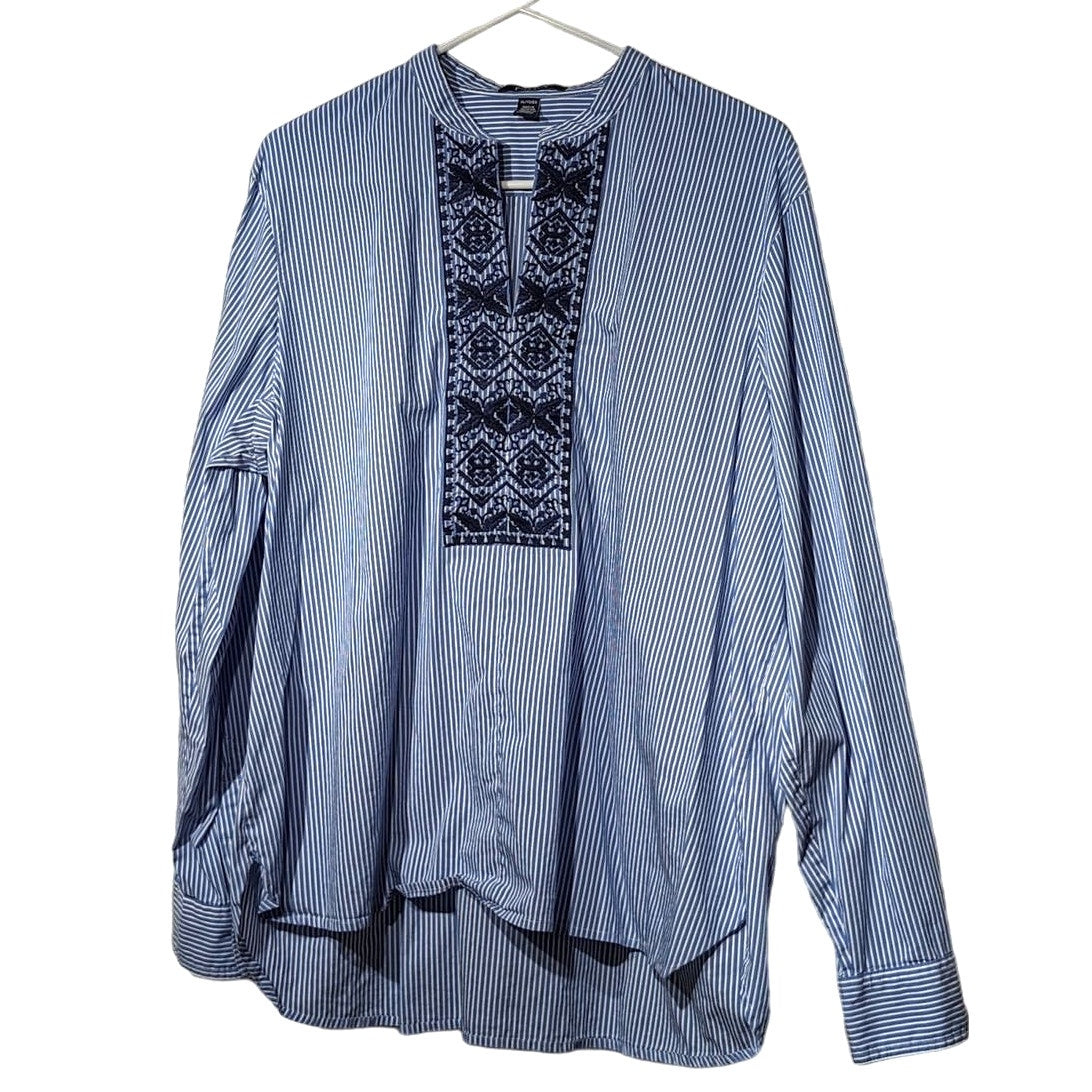 CHAPS Denim Blue Striped Embroidered Placket V-Neck Tunic Top Womens Sz XL