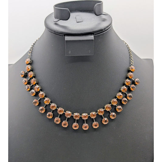 Smoky Topaz Color Rhinestone Bronze Metal 15"-18" Collar Statement Necklace