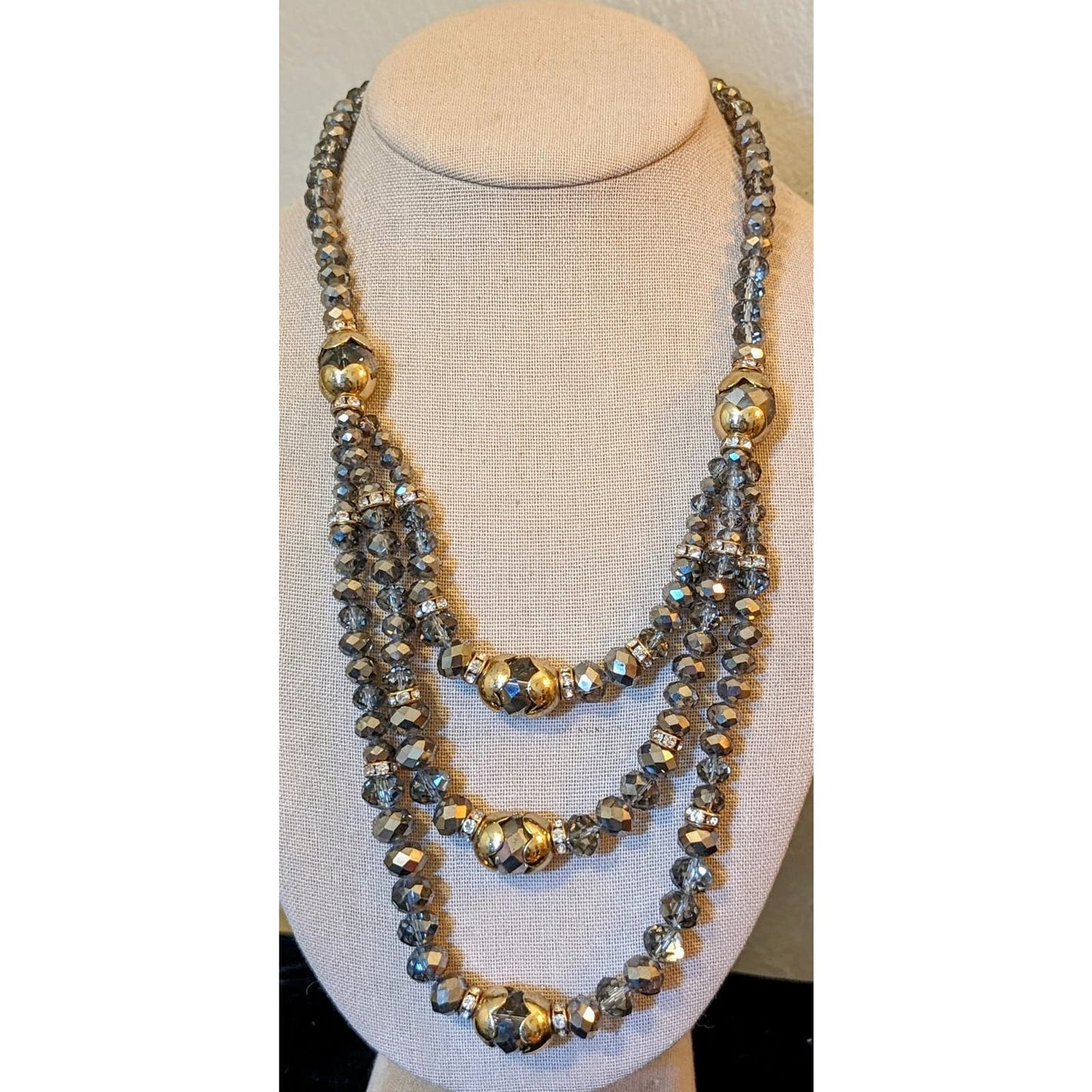 Smoky Gray, Metallic Crystal Bead, Gold Tone Rondelles, Scalloped Cap Necklace