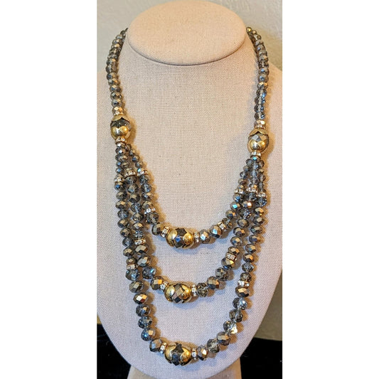 Smoky Gray, Metallic Crystal Bead, Gold Tone Rondelles, Scalloped Cap Necklace