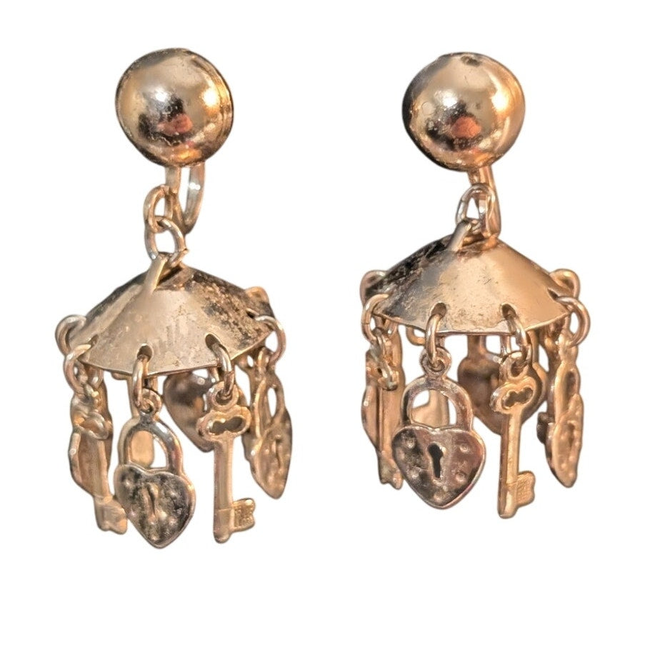 Vintage Gold Tone Screw Back Lock & Key Dangle Chandelier Earrings