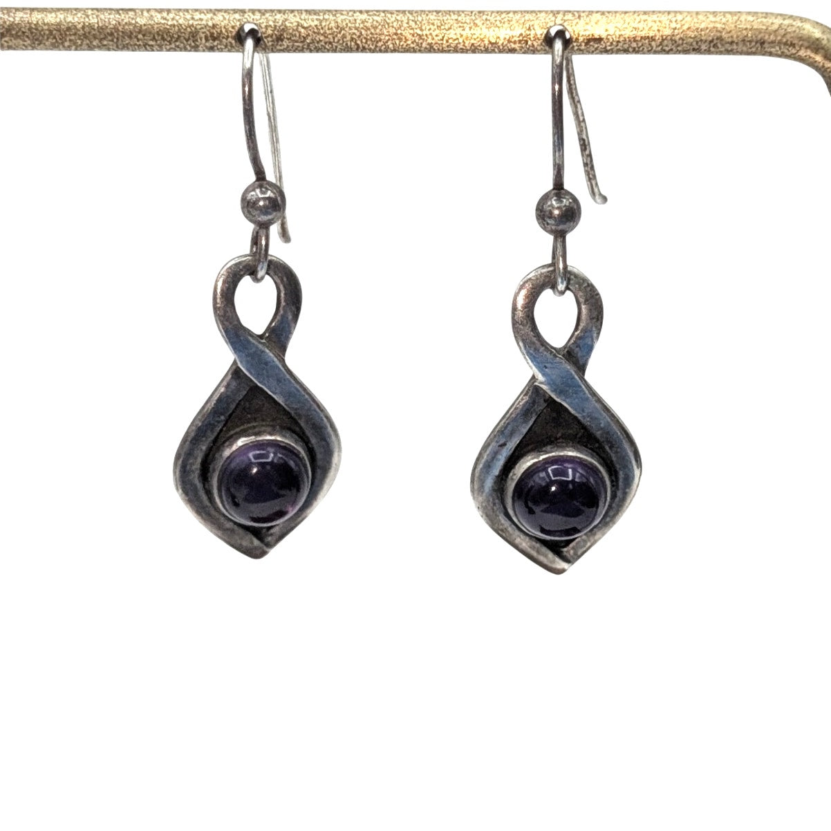 Vintage 925 Sterling Silver Amethyst Cabochon Dangle Earrings