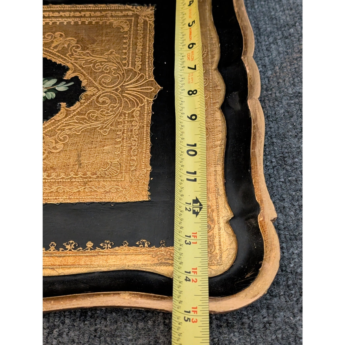 Vintage Italian Florentine Hand Painted Gold and Black Floral 18 X 15 Wood Tray