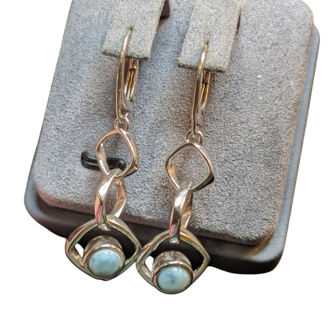 Vintage 925 Sterling Silver Loopy Dangle Lever Back Larimar Stone Earrings