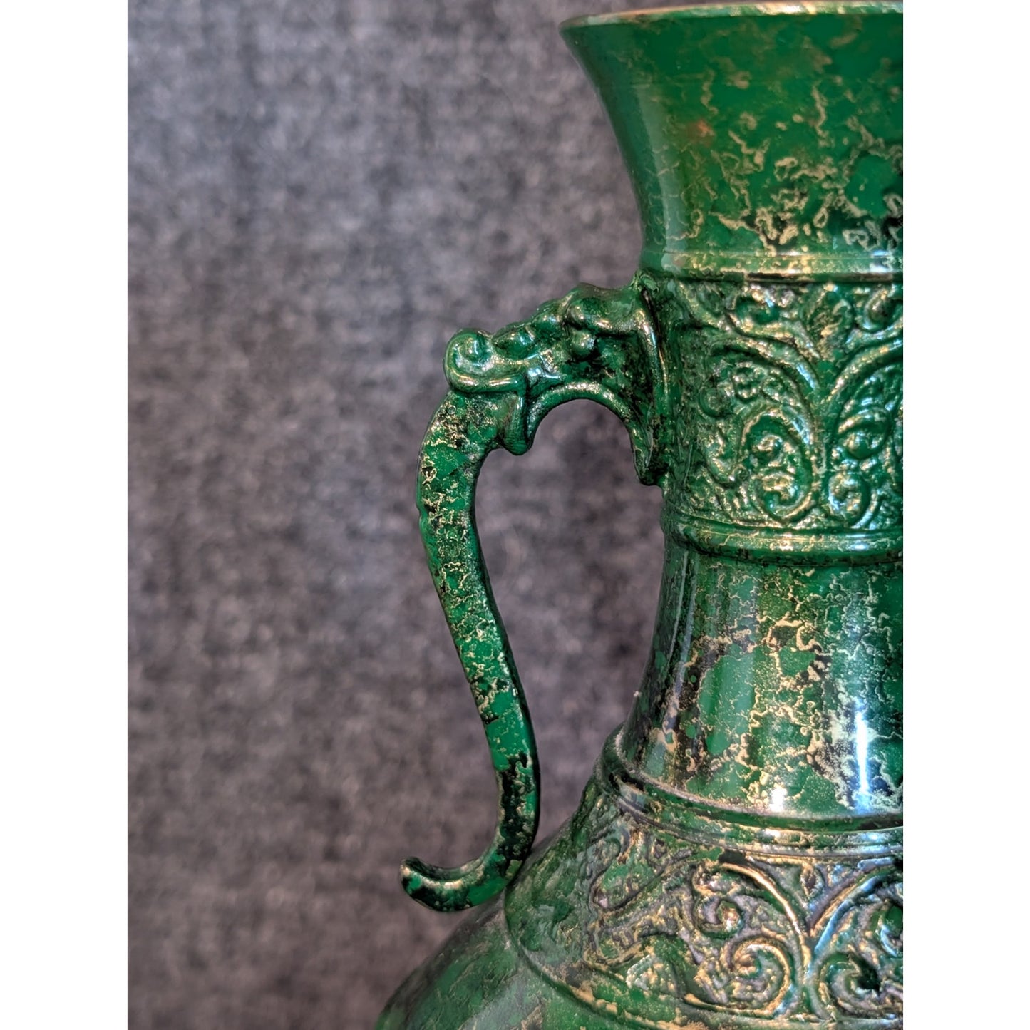Vtg Japanese Embossed Shishi Brass Green Cast Metal Flower Vase