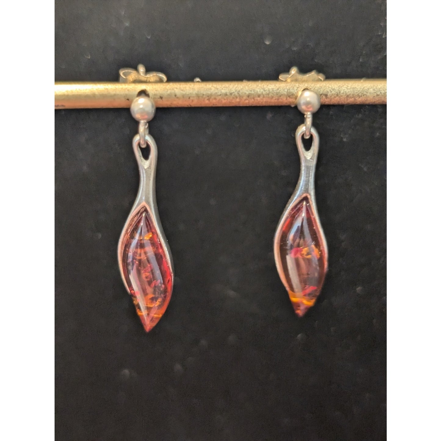 Vintage Marked 925 Sterling Silver Baltic Amber Post Dangle Earrings