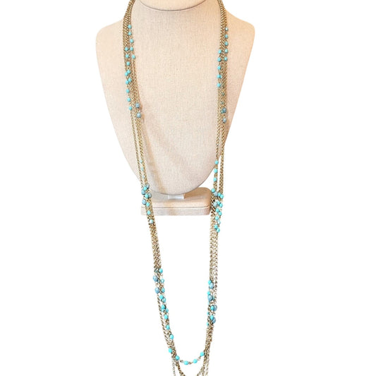 Multi-Strand Gold Tone Chain with Blue Bead Necklace with Braided Cord Closure