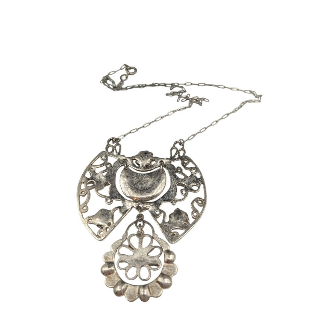 Vtg/Antique Silvertone Large Dangle Bird Floral Marcasite Pendant Chain Necklace