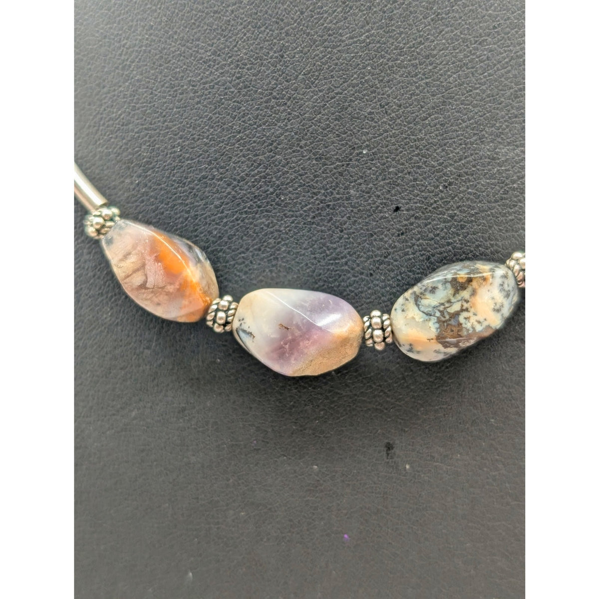 925 Sterling Silver Three Agate Stone Curved Bar Bead Chain 14"-16" Necklace