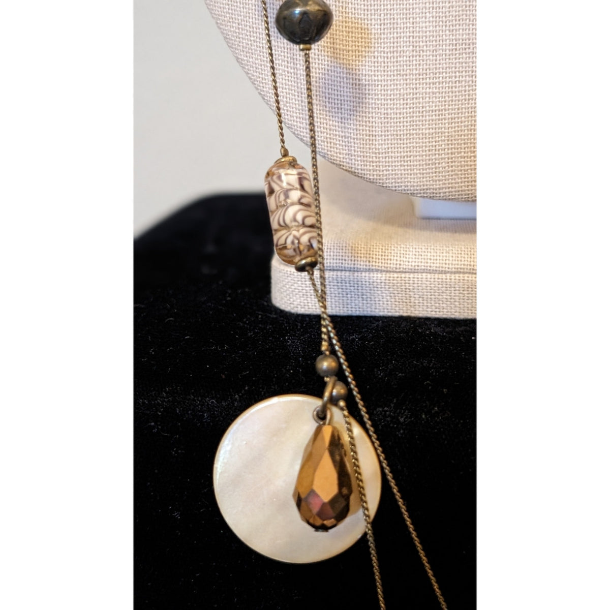 Antique Bronze Chain W/ Shell Glass CZ Ball Crystal Teardrop Beaded 36" Necklace