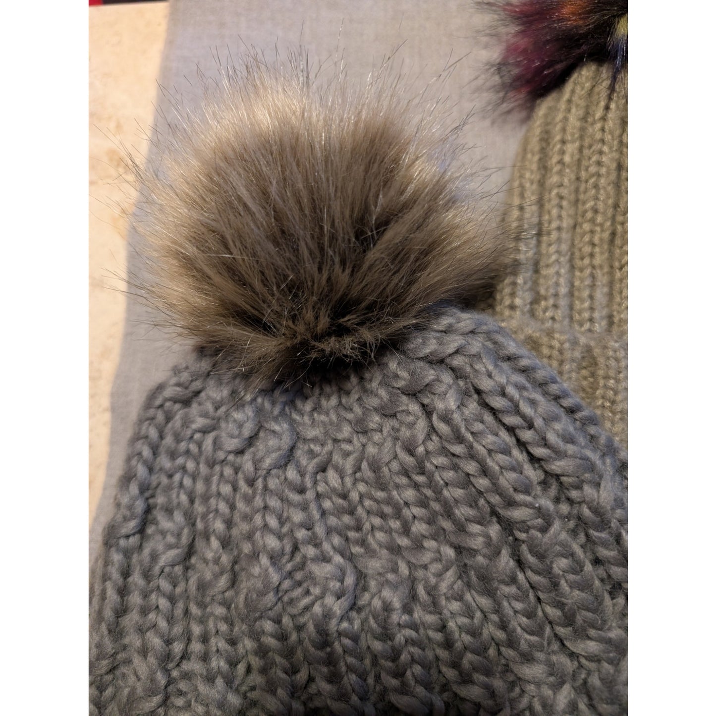 Turtle Fur Gray Fifi Cable Knit Merino Wool Plush Fleece Lined Faux Pom Beanie