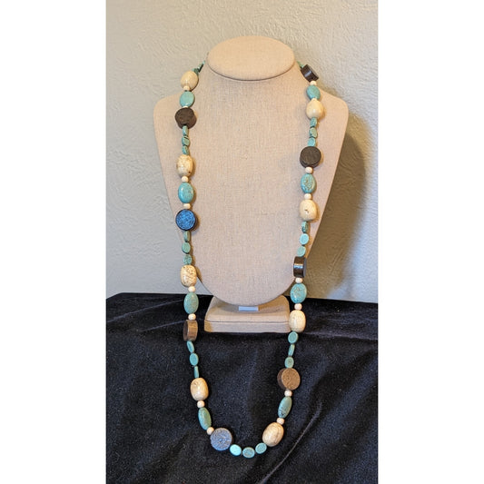 Round Wood Round Blue & Cream Howlite 36" Beaded Toggle Clasp Necklace