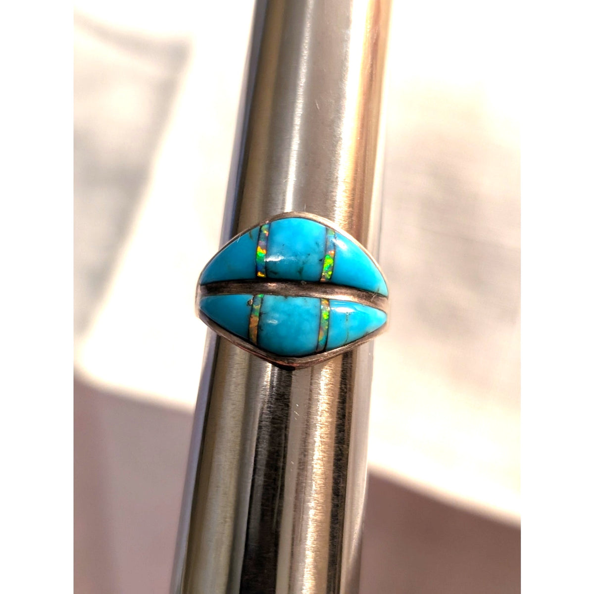 VTG Hallmark Stamped 'Feather Sterling' Turquoise Opal Inlay Ring Sz 6.5-6.75
