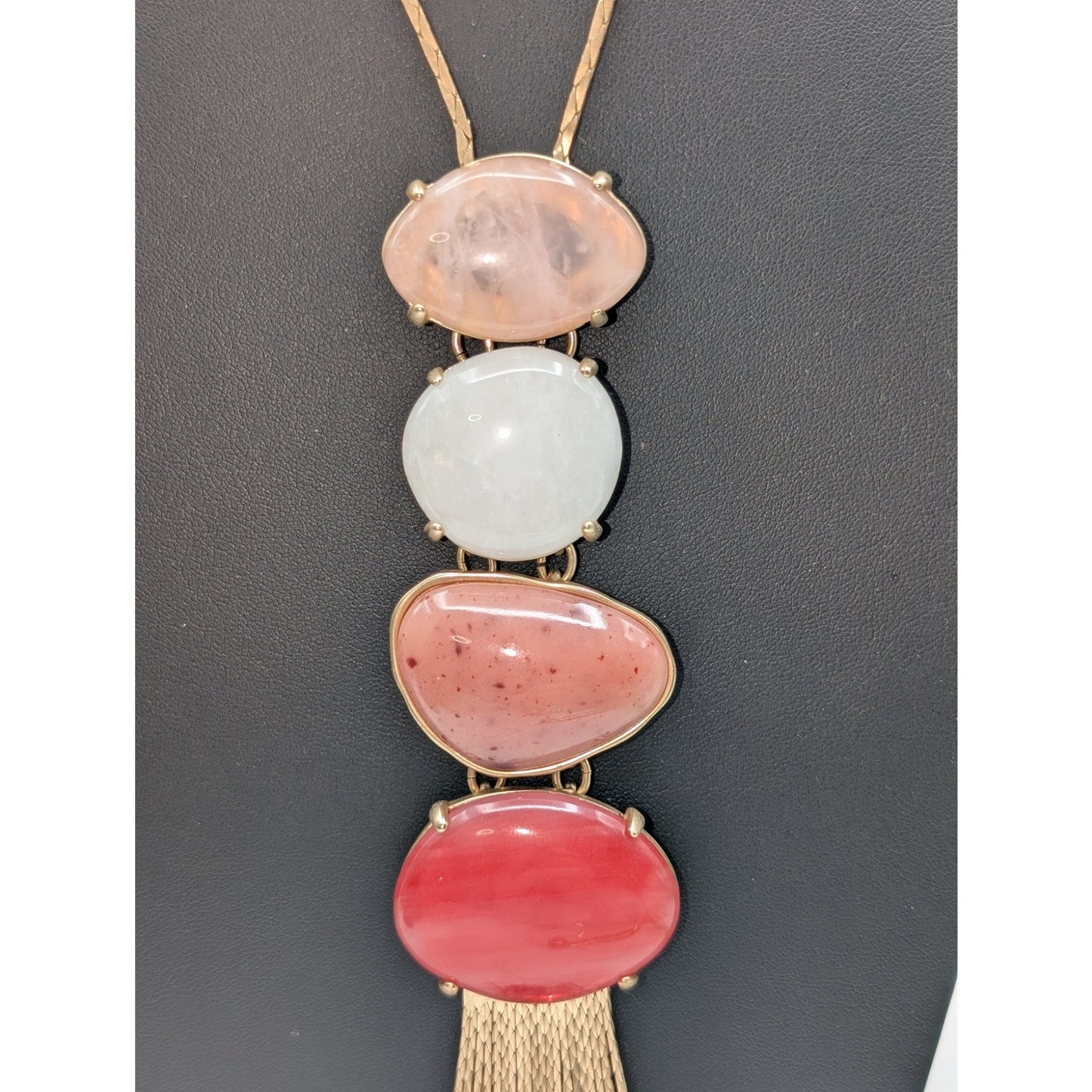 Gold Tone Pull Chain Up to 36" Stone & Acrylic Ombre Tassel Fringe Long Necklace