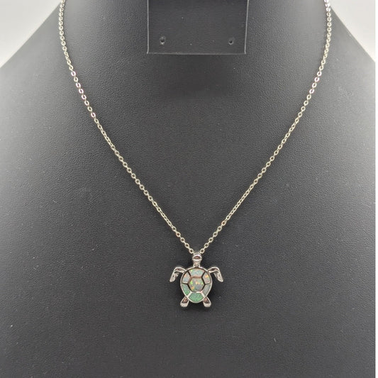 Silver Tone Faux Opal Inlay Turtle Pendant Chain 18" Necklace