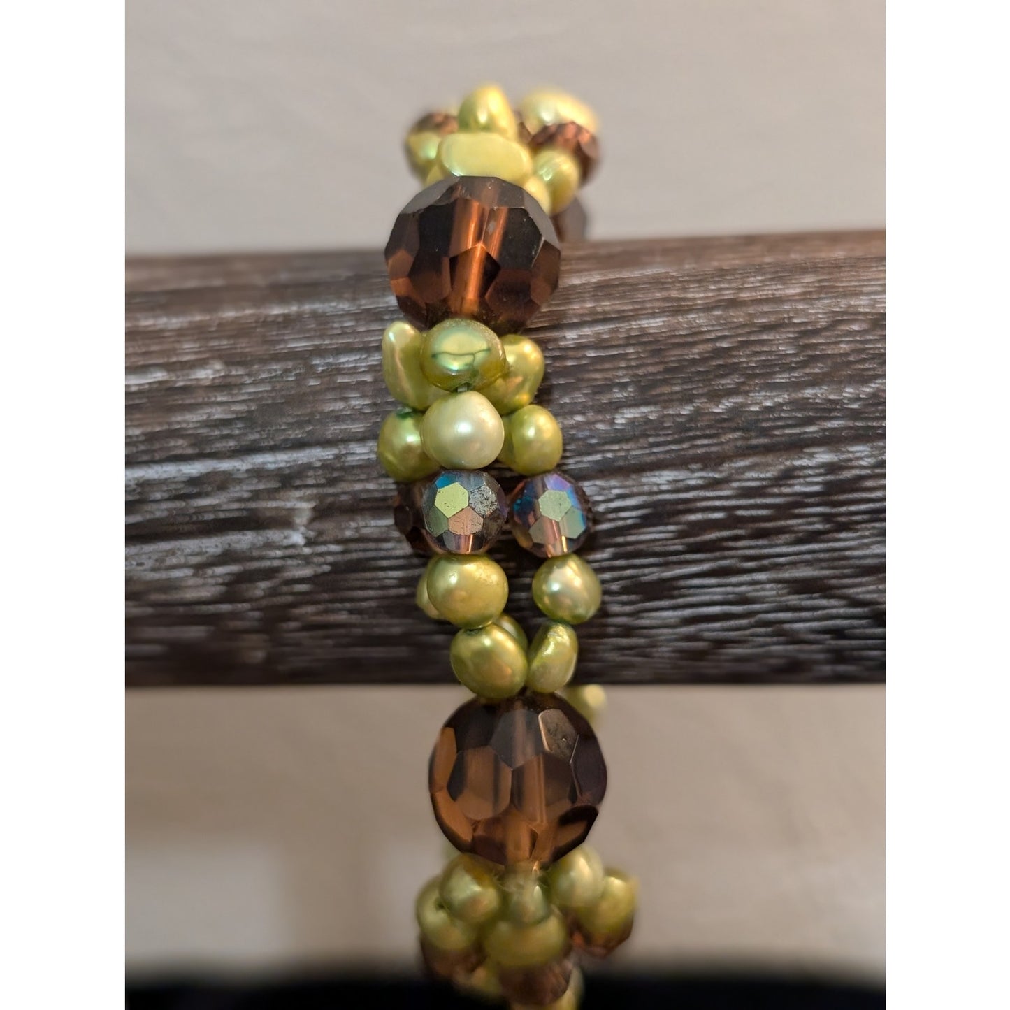 Dyed Green Freshwater Pearls Brown Crystal & AB Crystal Stretch Bracelet