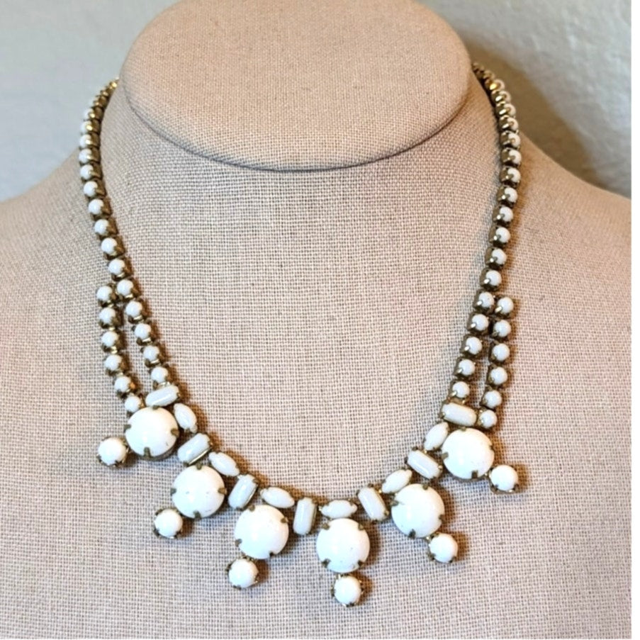 Vintage Prong Set Milk Glass Cabochon 16" Necklace W/ Hook Clasp